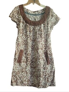 Boden Brown and Cream Floral Short Sleeve Dress Ruched Neckline
